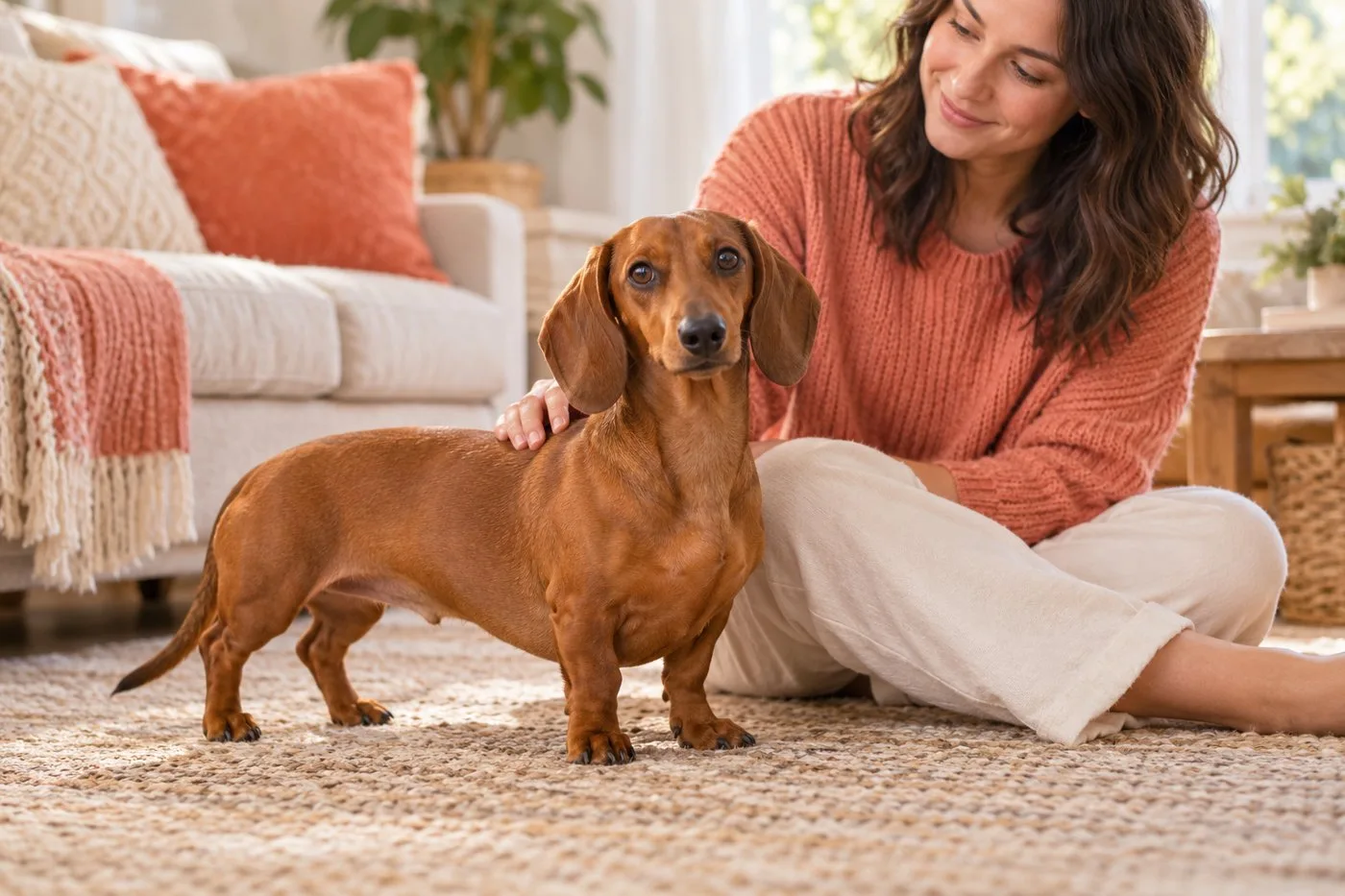 Owner seated at home beside a small long-bodied brown dog
